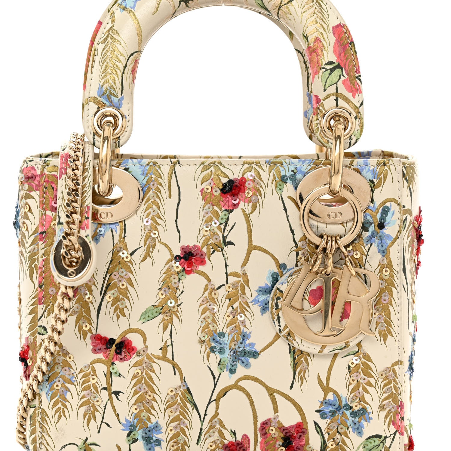 Christian Dior Calfskin Hibiscus Printed Embroidered Mini Lady Dior Beige Multicolor 7 of 9