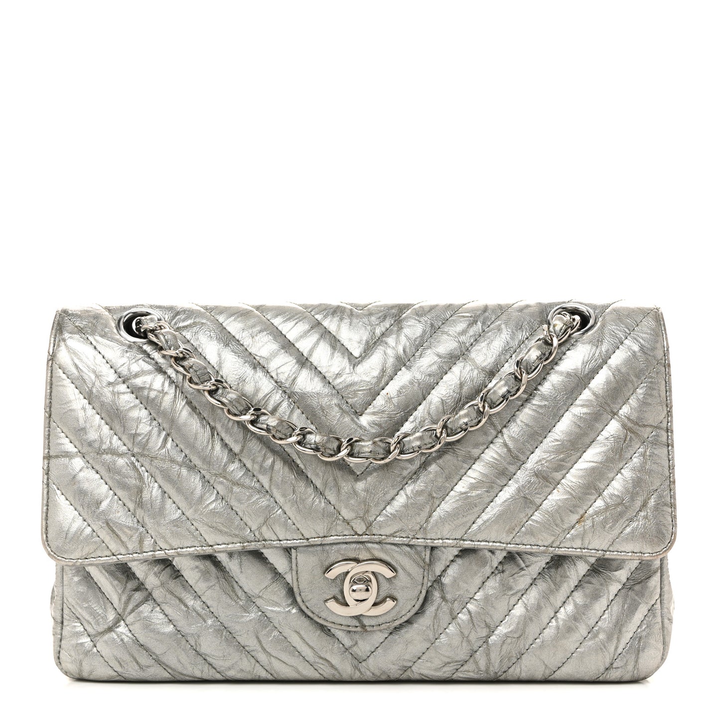 Metallic Patent Crumpled Calfskin Chevron Quilted Medium Double Flap Silver