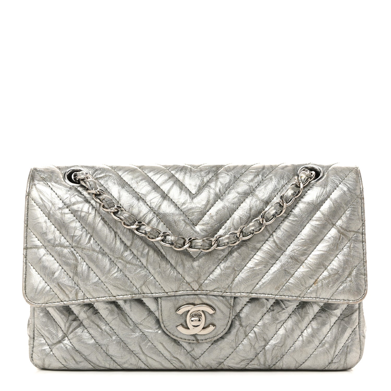 Chanel Metallic Patent Crumpled Calfskin Chevron Quilted Medium Double Flap Silver 1 of 15