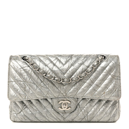Chanel Metallic Patent Crumpled Calfskin Chevron Quilted Medium Double Flap Silver 1 of 15