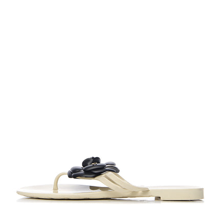 Chanel Jelly Camellia Thong Sandals 37 Ivory Black 1 of 9