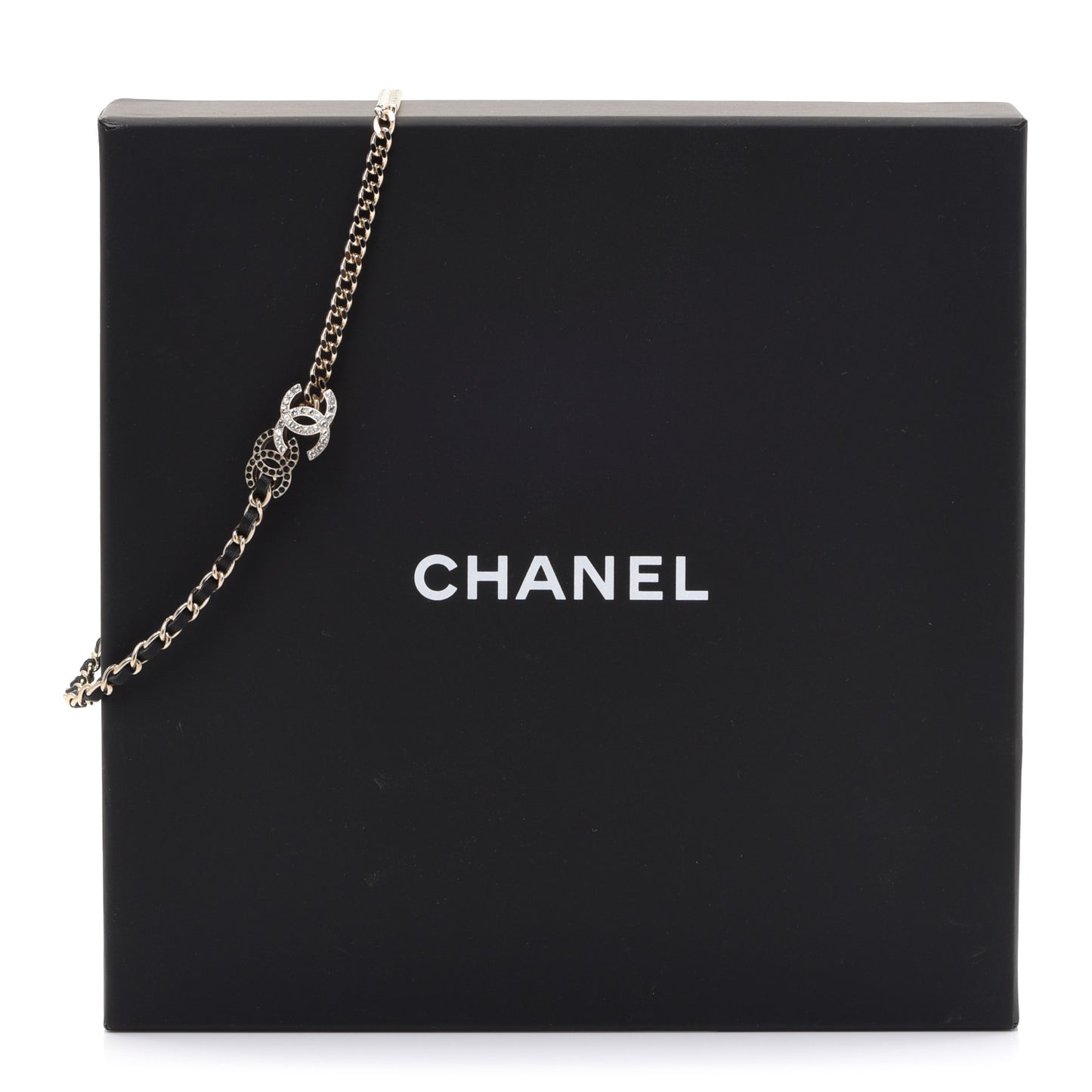 Metal Calfskin Crystal Double CC Short Necklace Black Gold