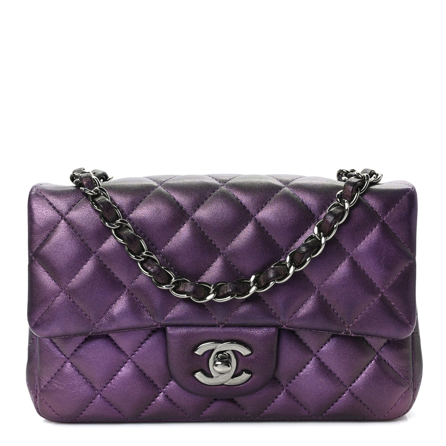 Iridescent Lambskin Quilted Mini Rectangular Flap Dark Purple