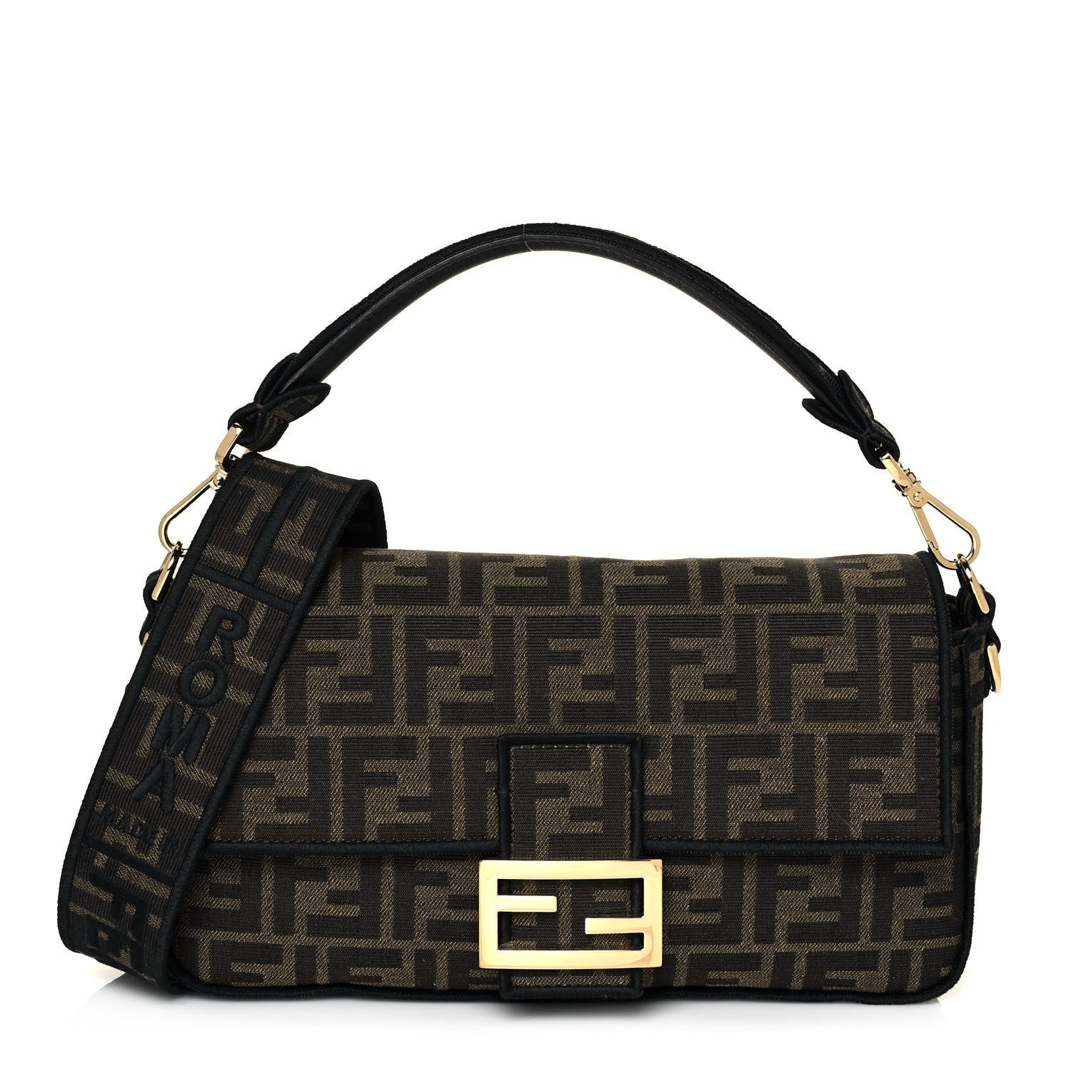 Fendi Fabric Jacquard FF 1974 Medium Baguette Tobacco Moro Black 1 of 12