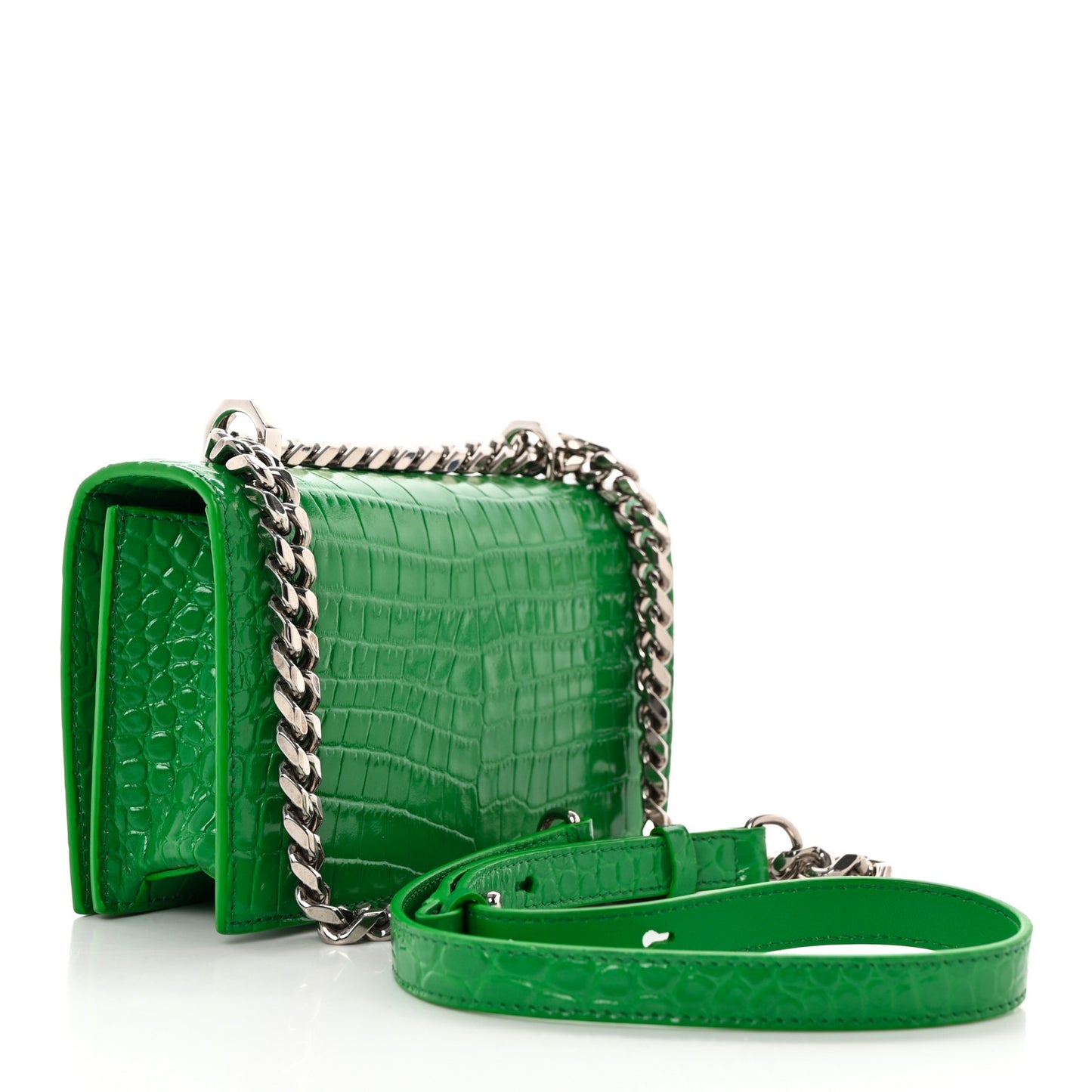 Calfskin Crocodile Embossed Knuckle Shoulder Bag Green