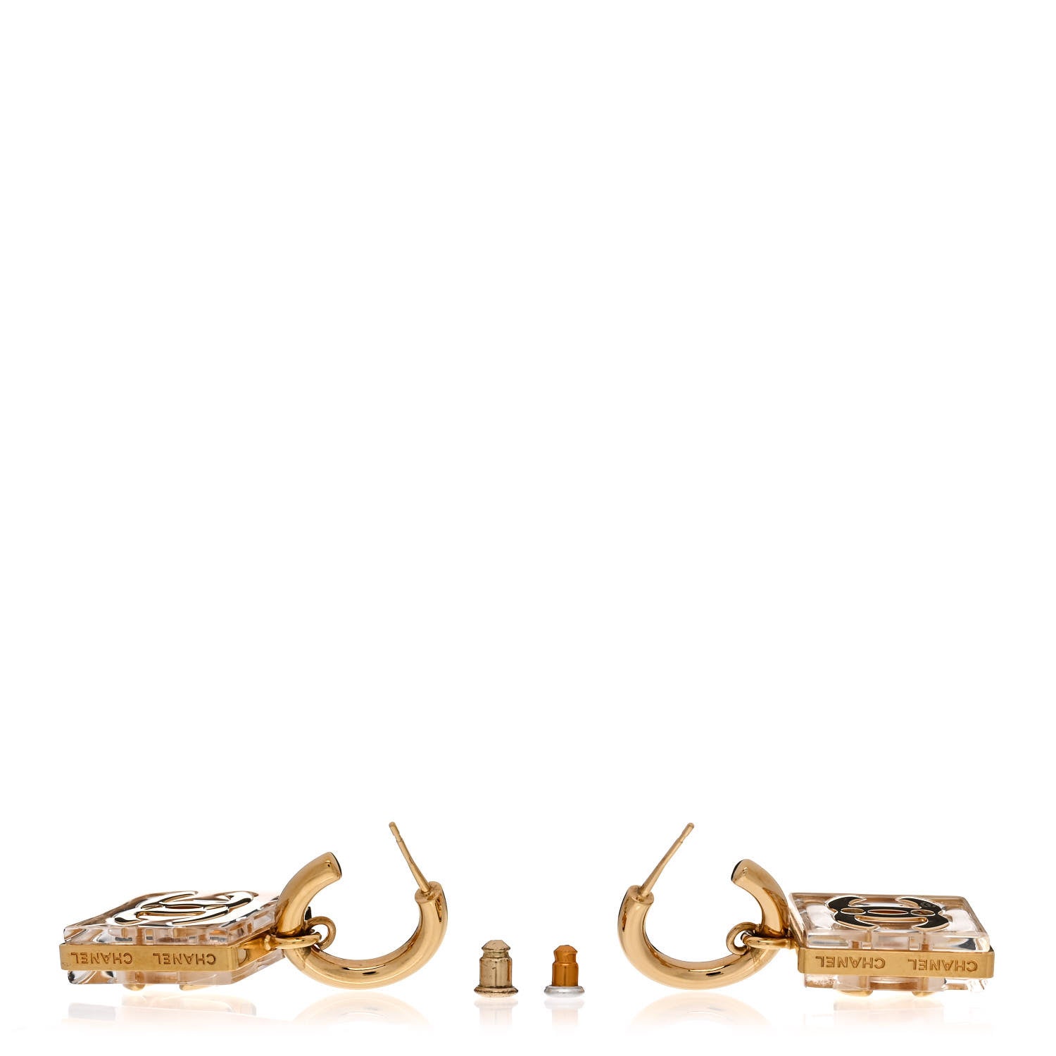 Chanel Metal Resin CC Square Drop Earrings Gold Transparent 3 of 5