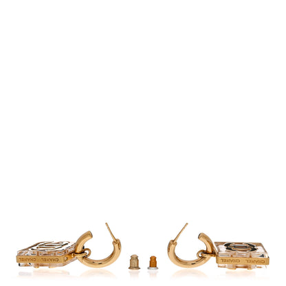 Chanel Metal Resin CC Square Drop Earrings Gold Transparent 3 of 5