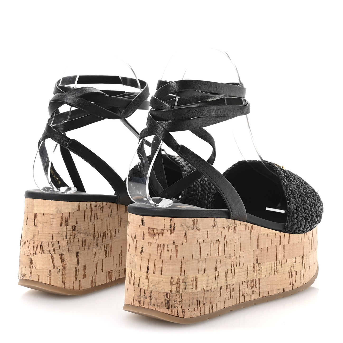 Raffia Cork Triangle Crochet Ankle Strap Platform 75mm Sandals 35 Black