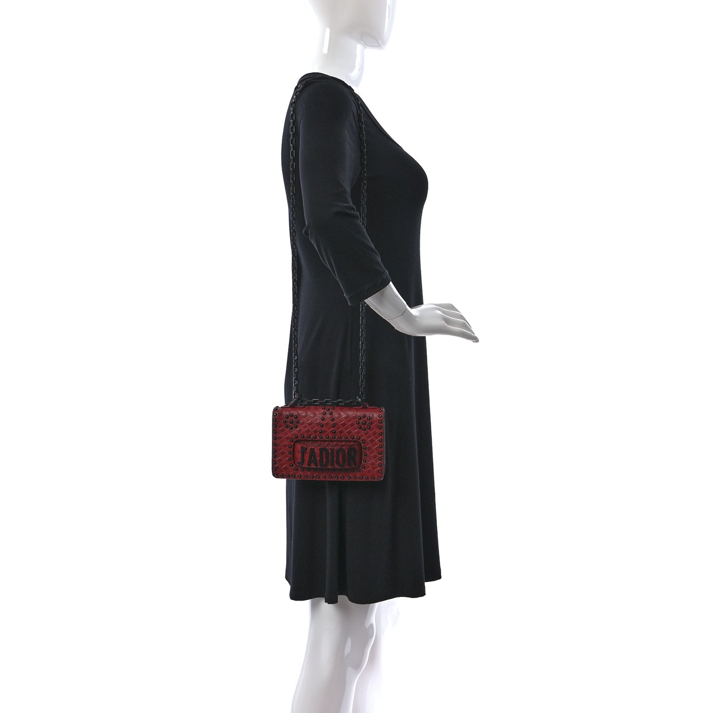 Calfskin Embossed Cannage Studded Mini J'Adior Chain Flap Bag Red