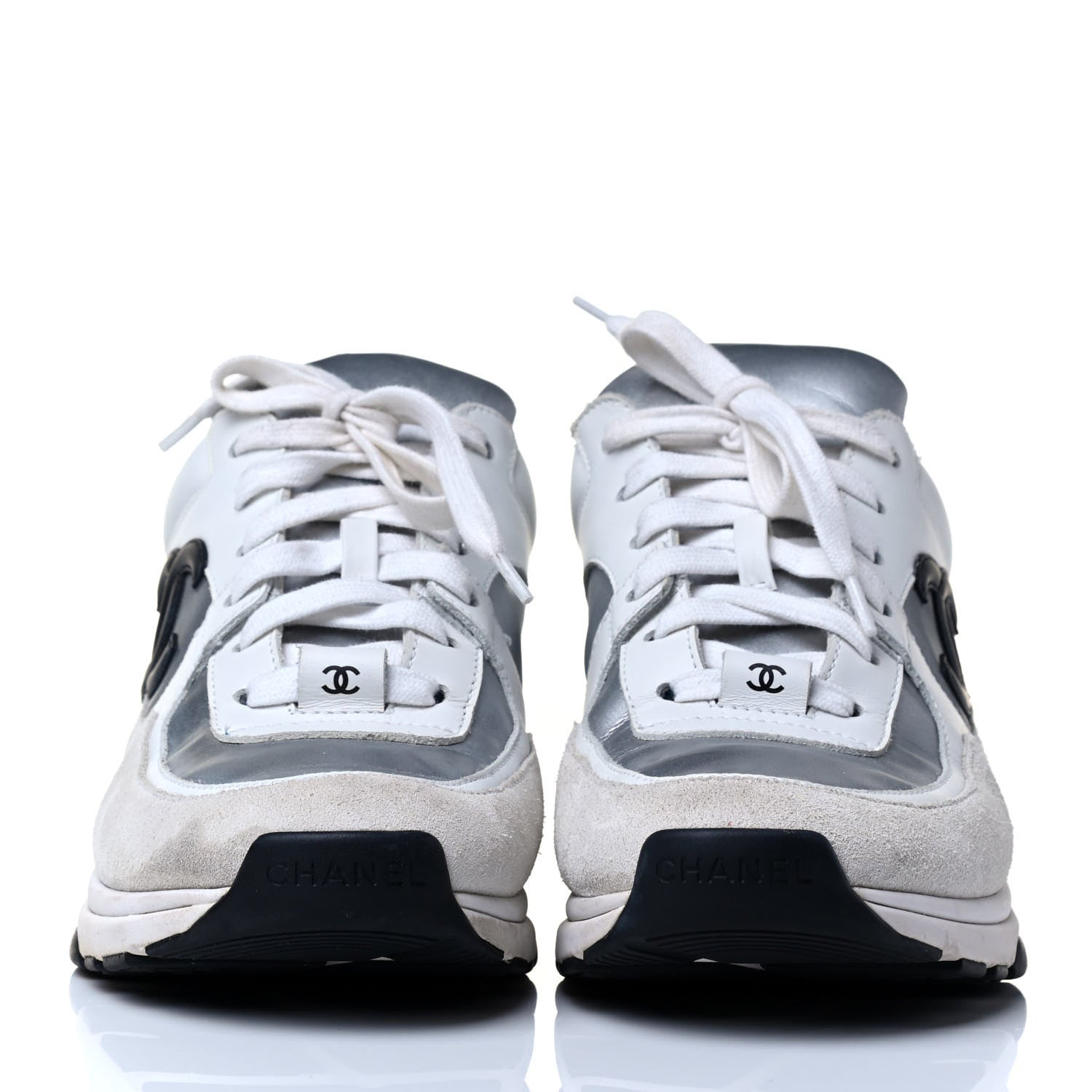 Chanel Suede Calfskin Womens CC Sneakers 37 White Silver Blue 4 of 8