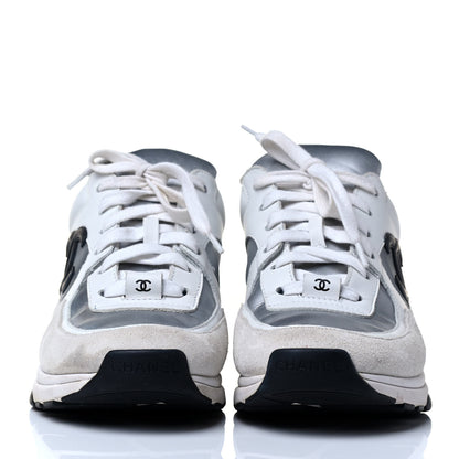 Chanel Suede Calfskin Womens CC Sneakers 37 White Silver Blue 4 of 8