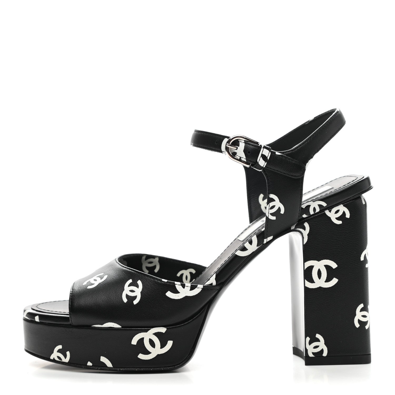 Chanel Printed Lambskin Coco Beach Platform Sandals 37 Black White 1 of 10