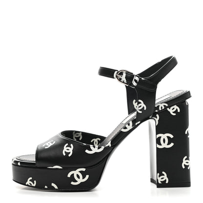 Chanel Printed Lambskin Coco Beach Platform Sandals 37 Black White 1 of 10