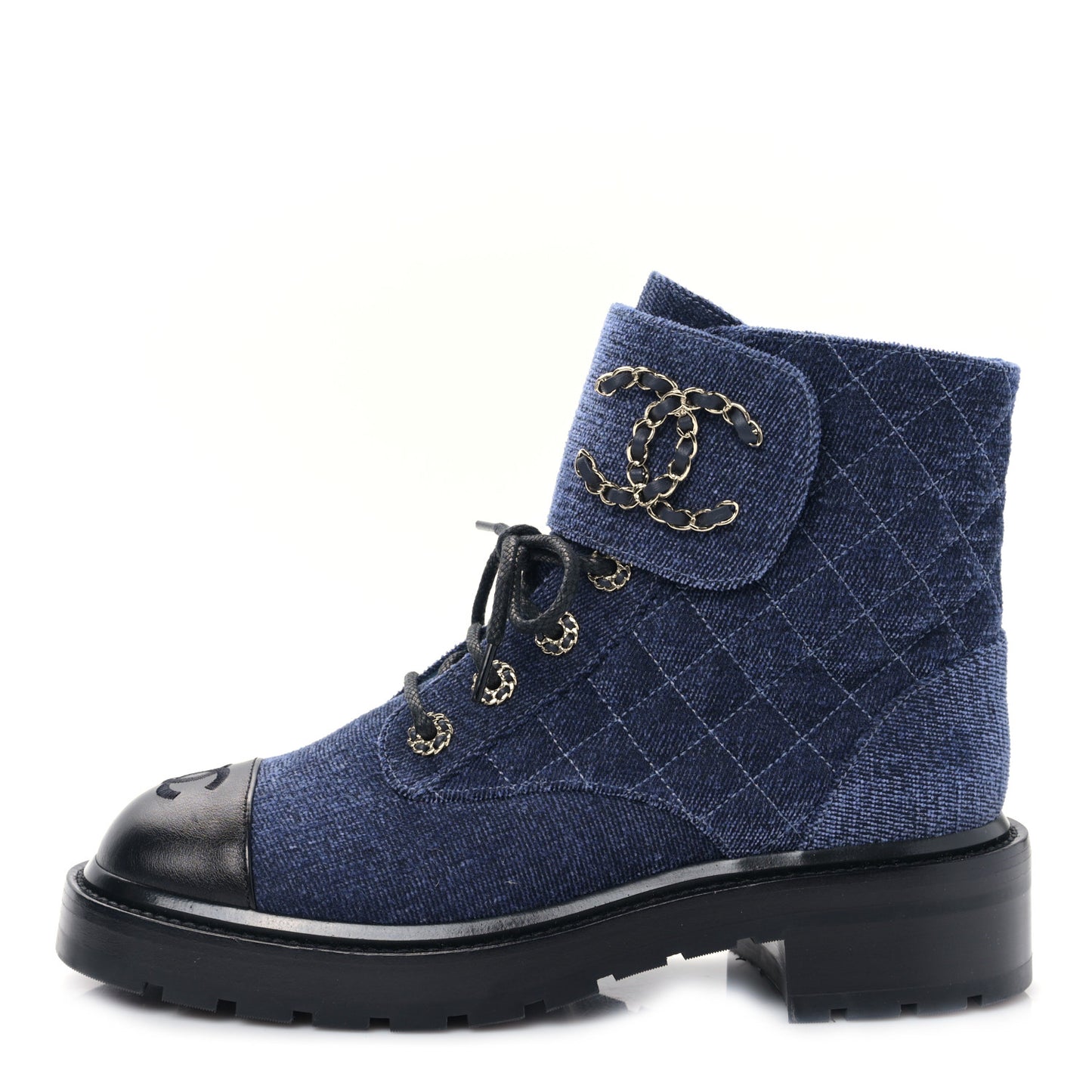 Shiny Calfskin Velvet Quilted Lace Up Combat Boots 38.5 Blue