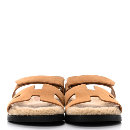 Hermes Suede Goatskin Woolskin Womens Chypre Sandals 40 Golden Beige 2 of 4