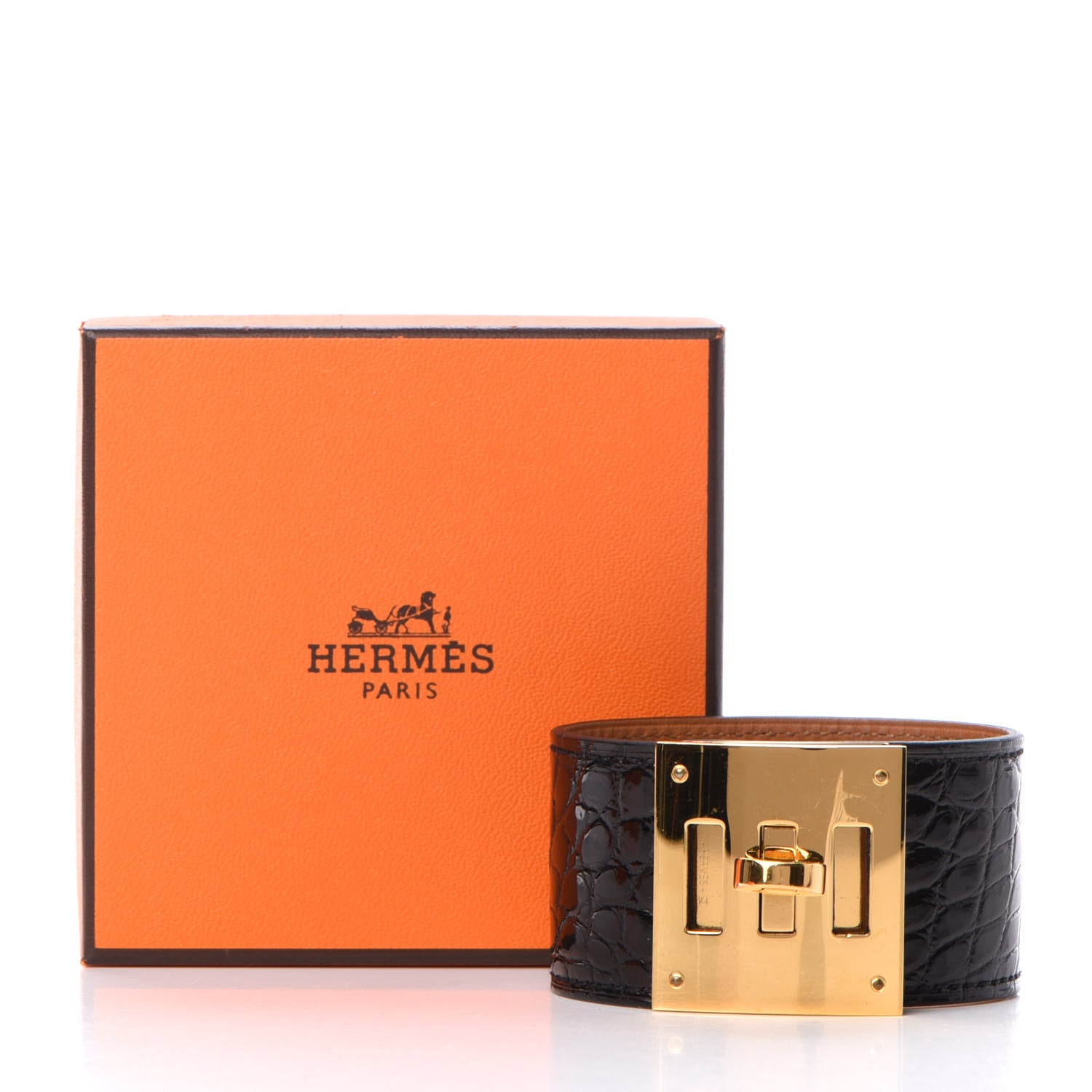 Hermes Shiny Alligator Kelly Dog Cuff Black 6 of 6