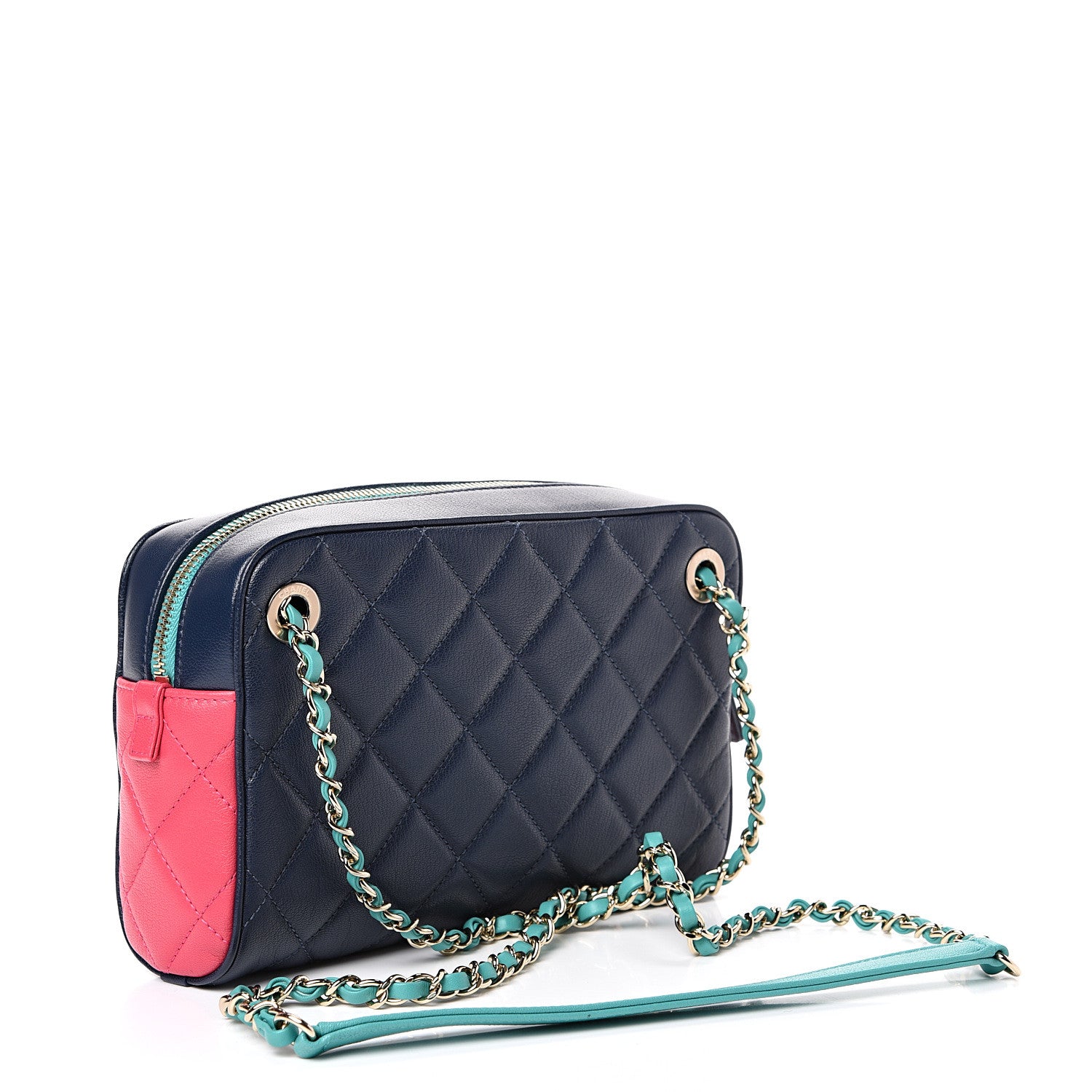 Chanel Goatskin Quilted Tri-Color Small In & Out Camera Case Navy Turquoise Pink 2 of 10