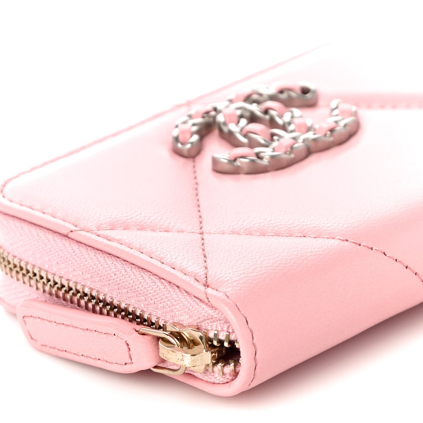 Lambskin Quilted Chanel 19 Zip Around Coin Purse Wallet Light Pink