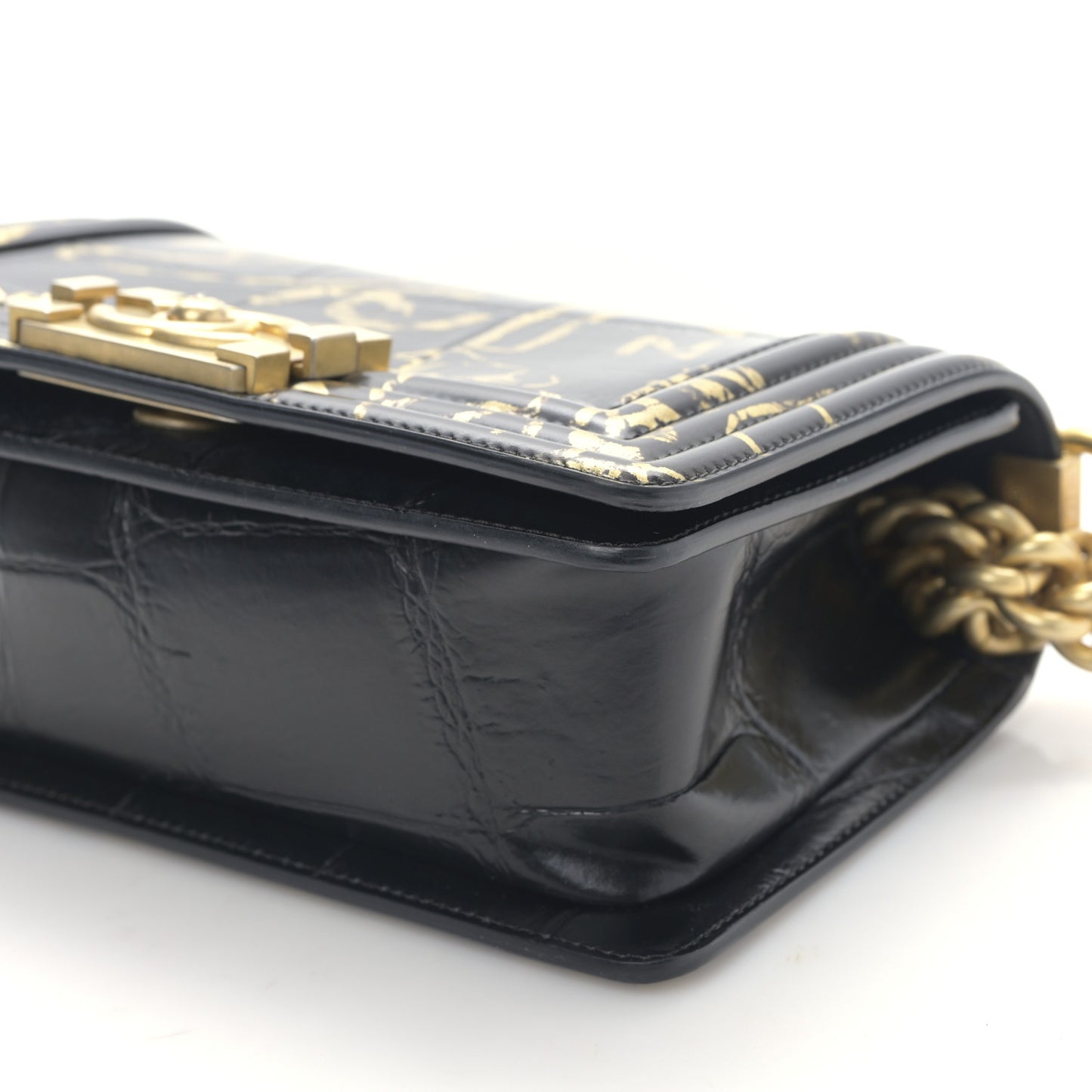 Calfskin Crocodile Embossed Graffiti Cocodile Small Boy Flap Black Gold