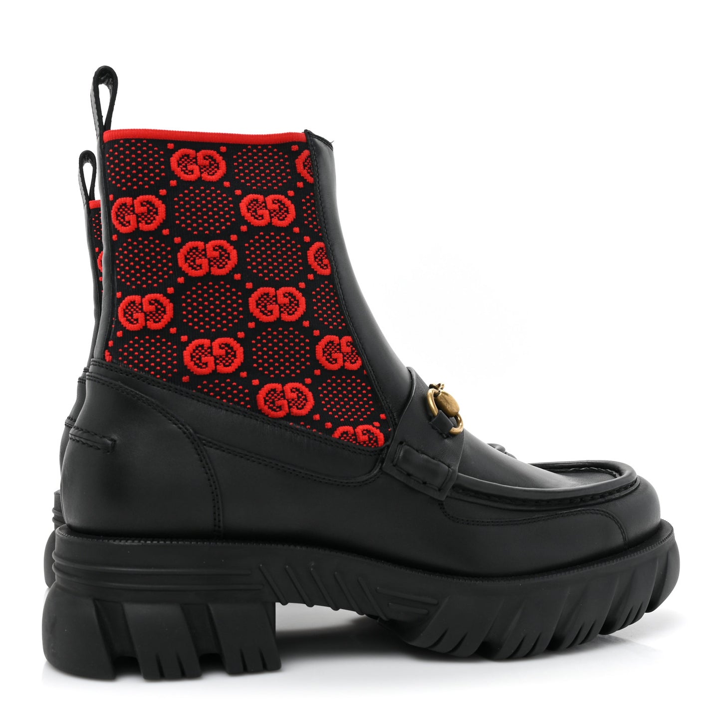 Quebec Calfskin Technical Jersey Knit GG Monogram Mens Horsebit Ankle Boots 9 Black Light Hibiscus Red