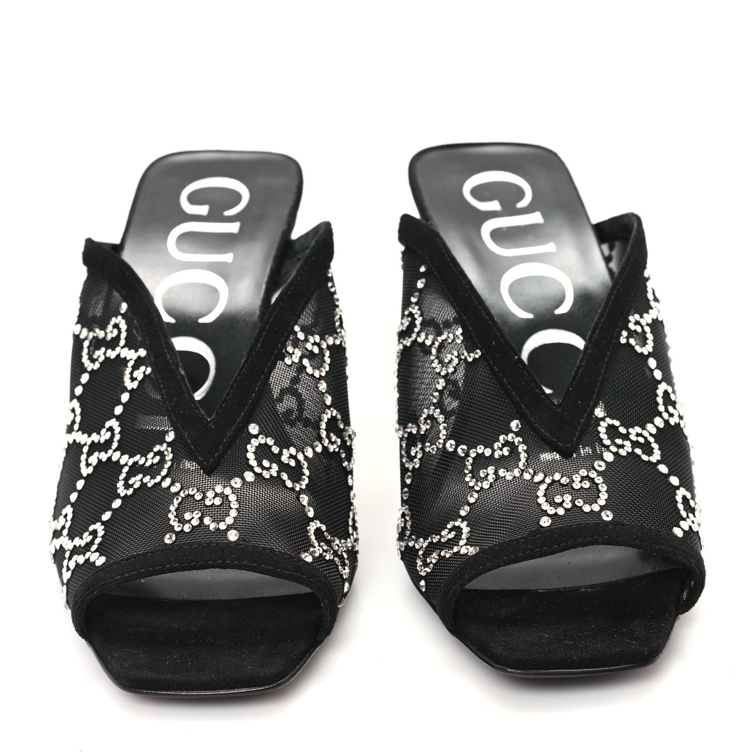 Gucci Tela Retino Kid Scamosciato Crystal GG Monogram Square G 95mm Slide Sandals 35 Black 3 of 9