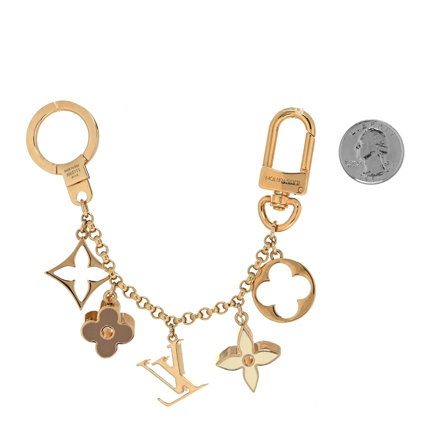Brass Enamel Fleur De Monogram Bag Charm Chain Gold