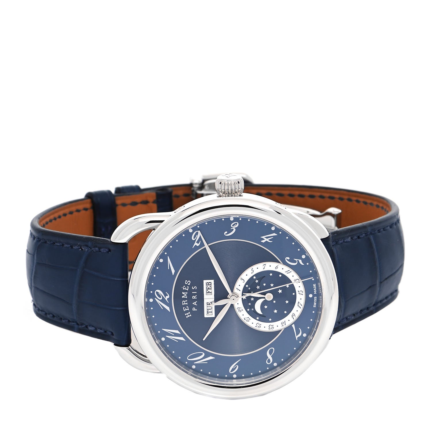 Hermes Stainless Steel Alligator 43mm Arceau Grande Lune Automatic Watch Bleu Abysse 2 of 5