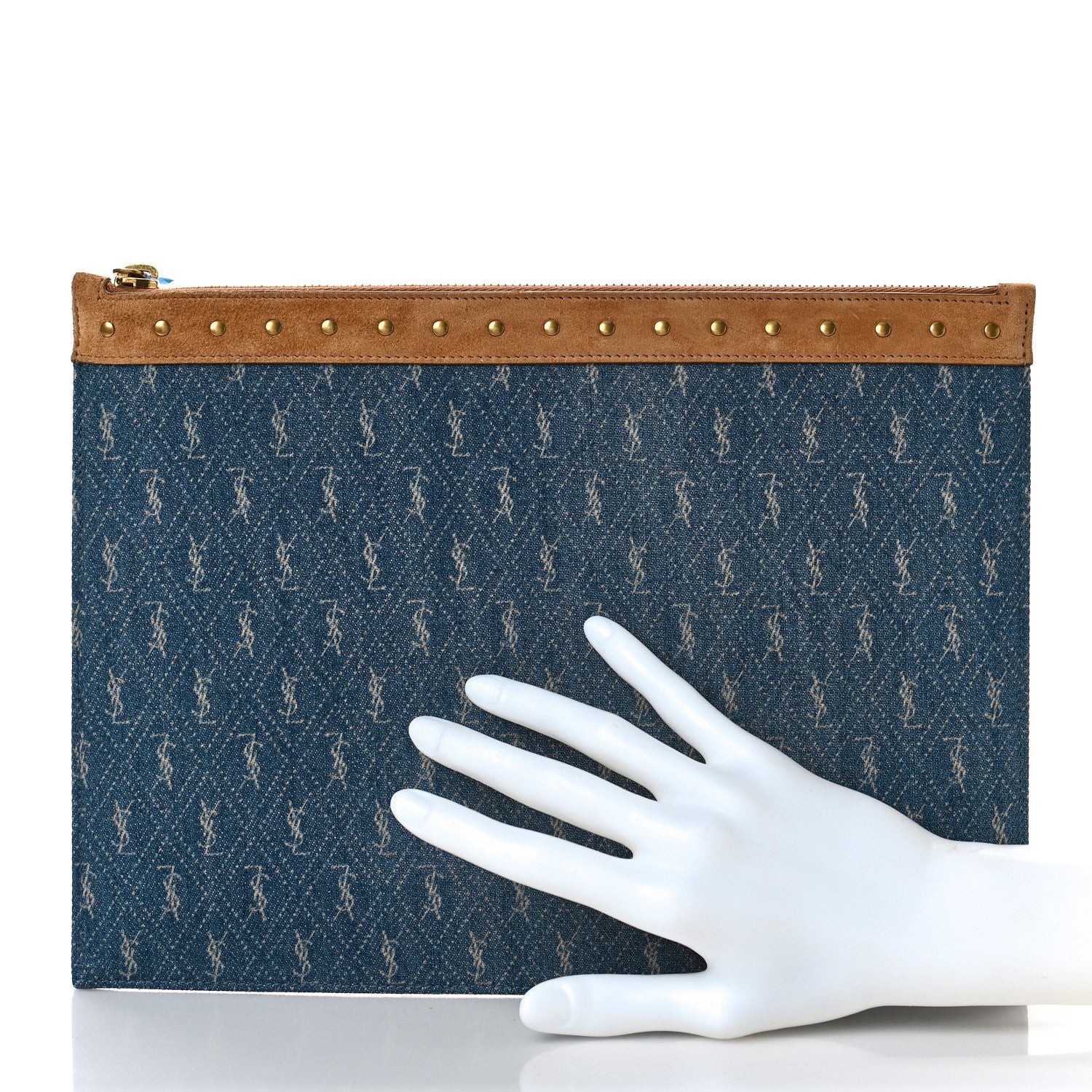 Saint Laurent Denim Suede All-Over Monogram Pouch Blue 2 of 9