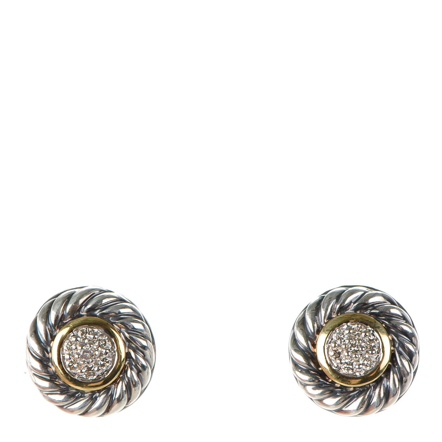David Yurman Sterling Silver 18K Yellow Gold Diamond Cookie Cable Earrings 1 of 5