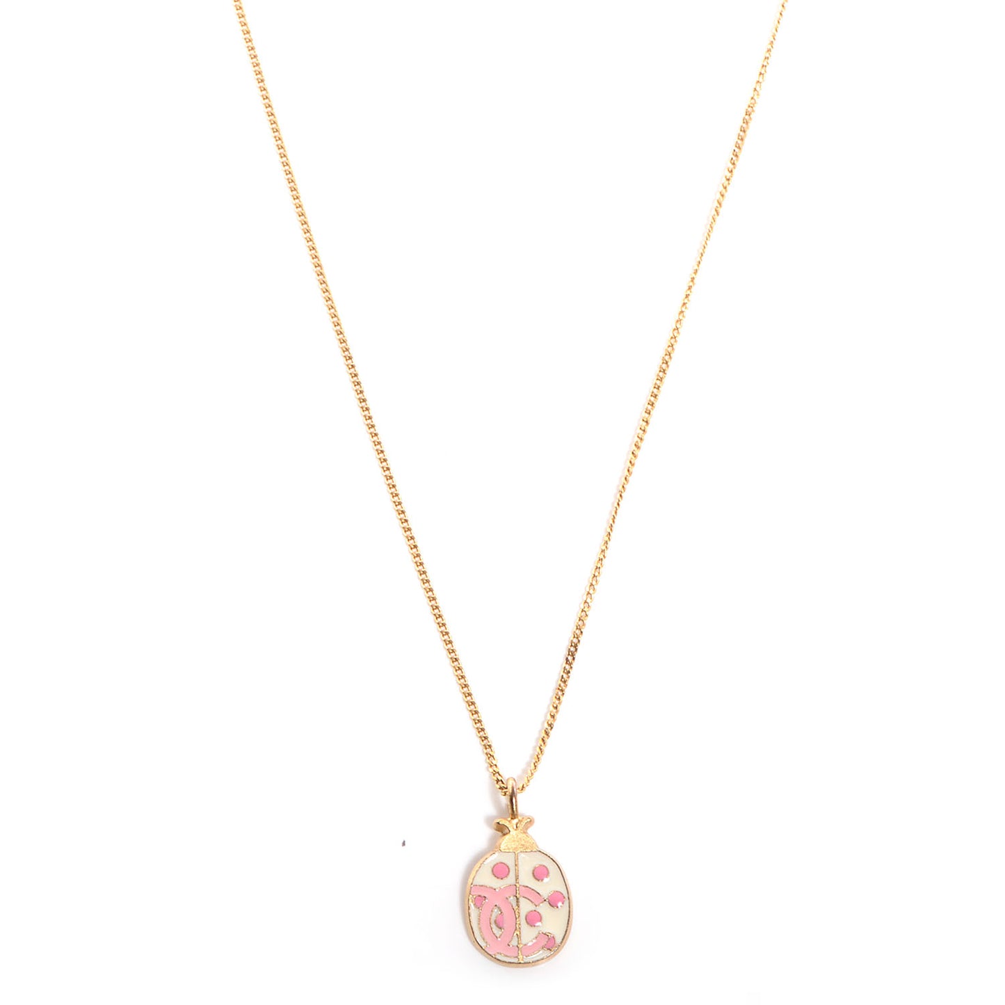 Enamel CC Ladybug Necklace Pink White Gold