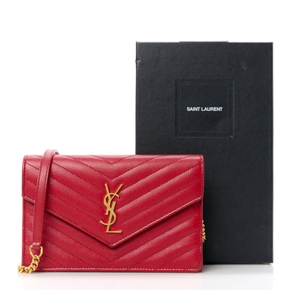 Saint Laurent Grain De Poudre Matelasse Chevron Monogram Envelope Chain Wallet Red 13 of 13