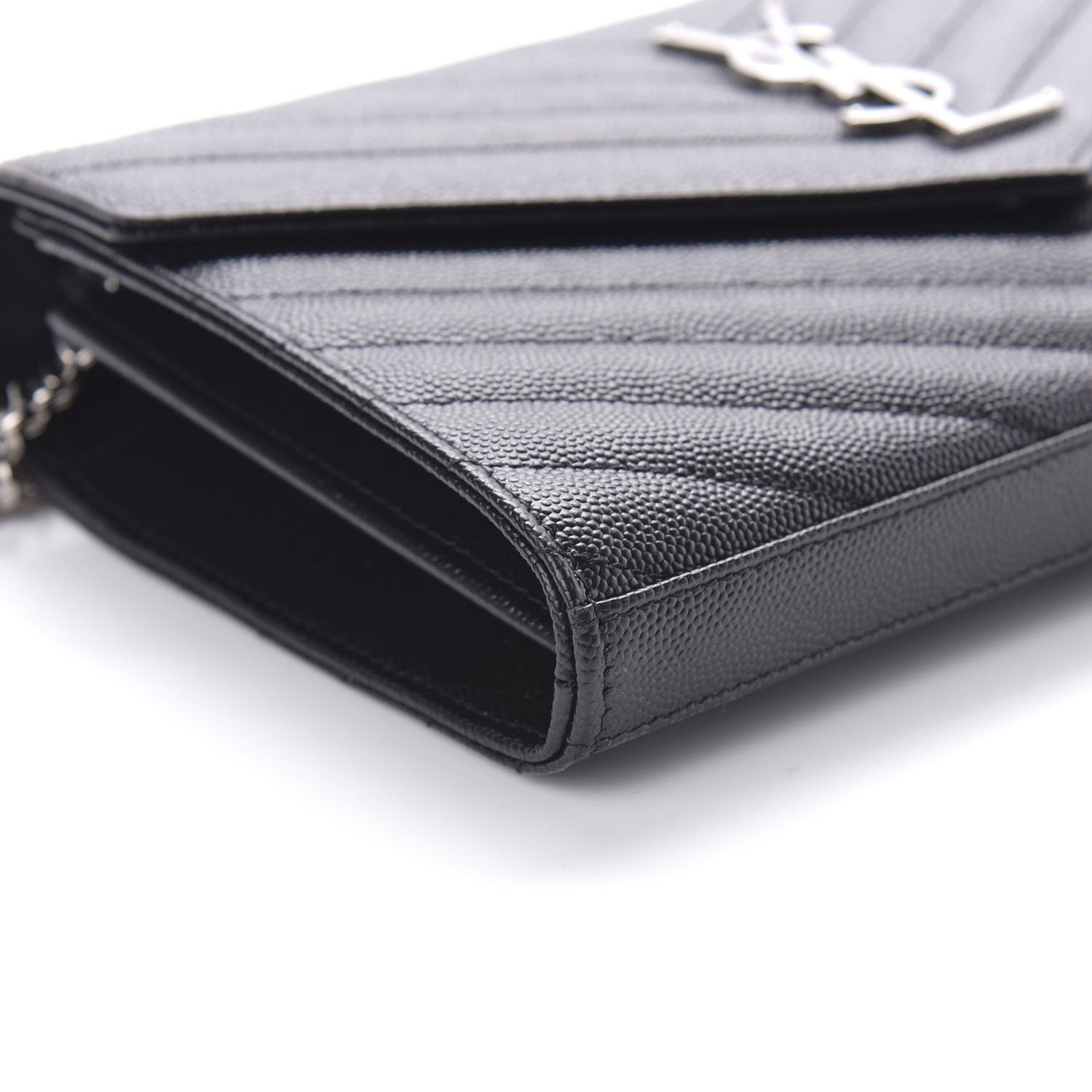 Saint Laurent Grain De Poudre Matelasse Chevron Monogram Chain Wallet Black 6 of 9
