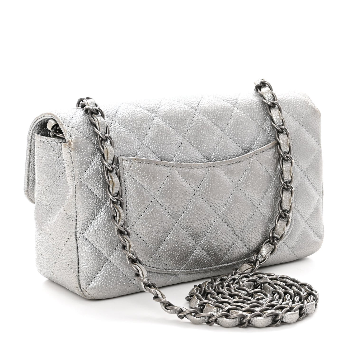 Metallic Caviar Quilted Mini Rectangular Flap Silver