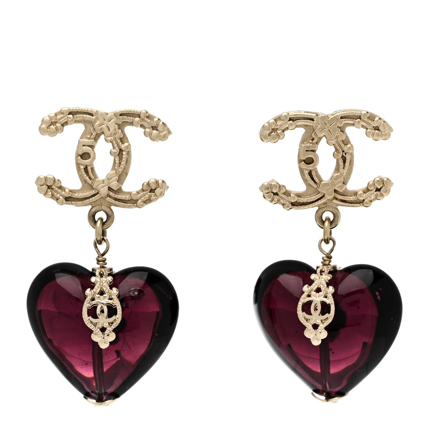Crystal CC Heart Drop Earrings Gold Purple