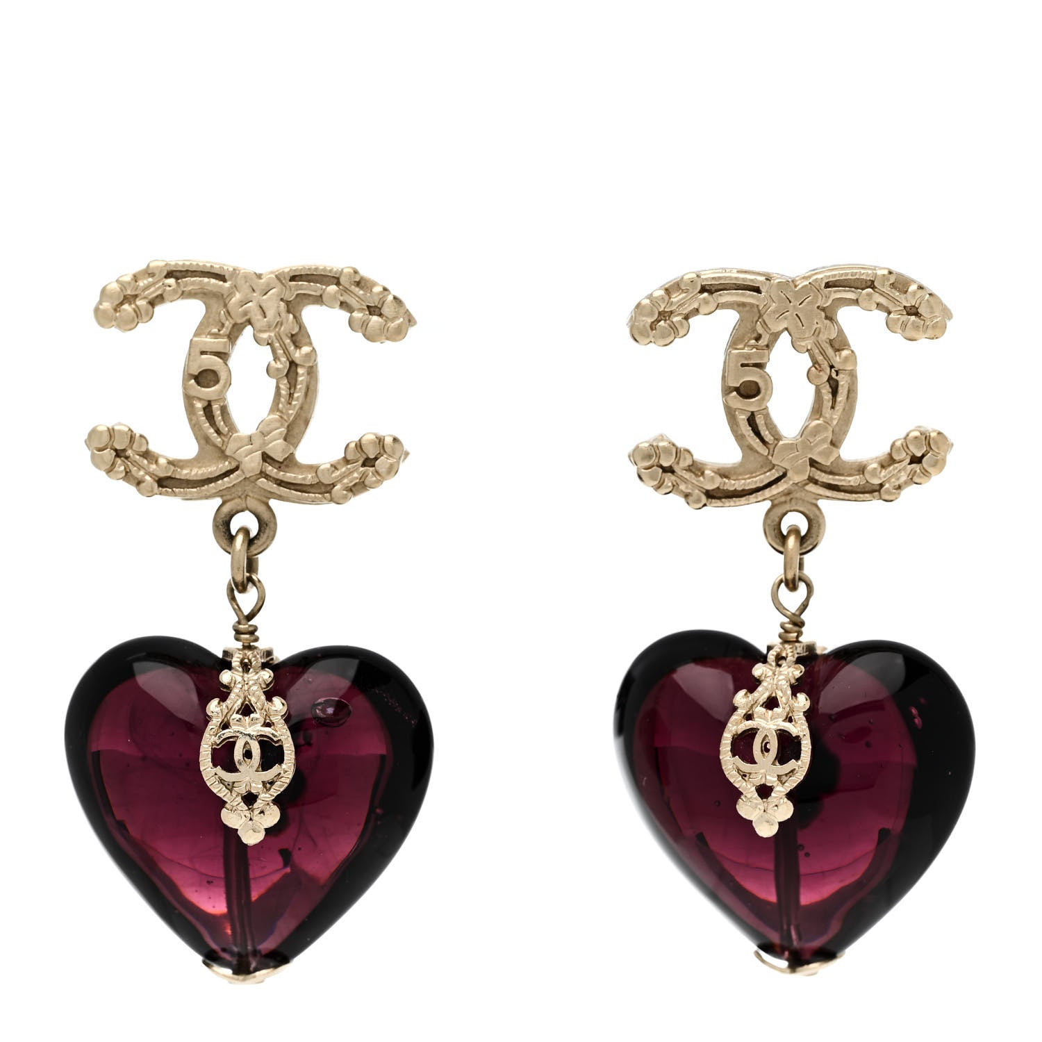 Chanel Crystal CC Heart Drop Earrings Gold Purple 1 of 6