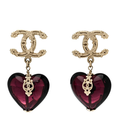 Chanel Crystal CC Heart Drop Earrings Gold Purple 1 of 6