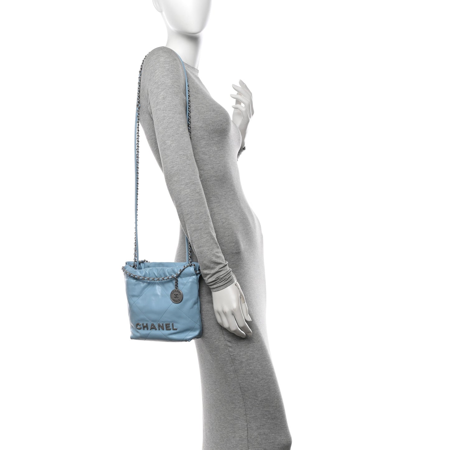 Shiny Calfskin Quilted Mini Chanel 22 Light Blue