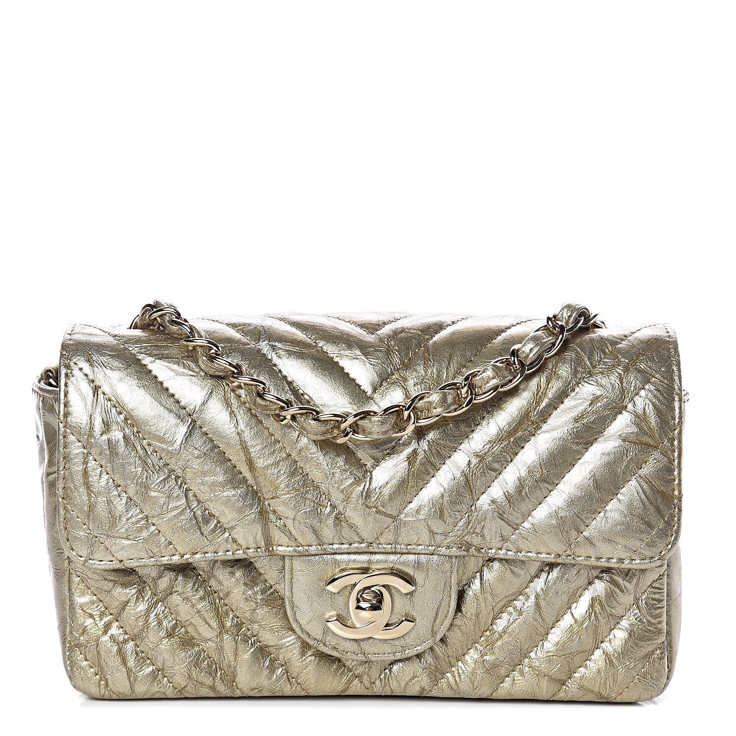 Chanel Patent Metallic Crumpled Calfskin Chevron Quilted Mini Rectangular Flap Gold 1 of 10