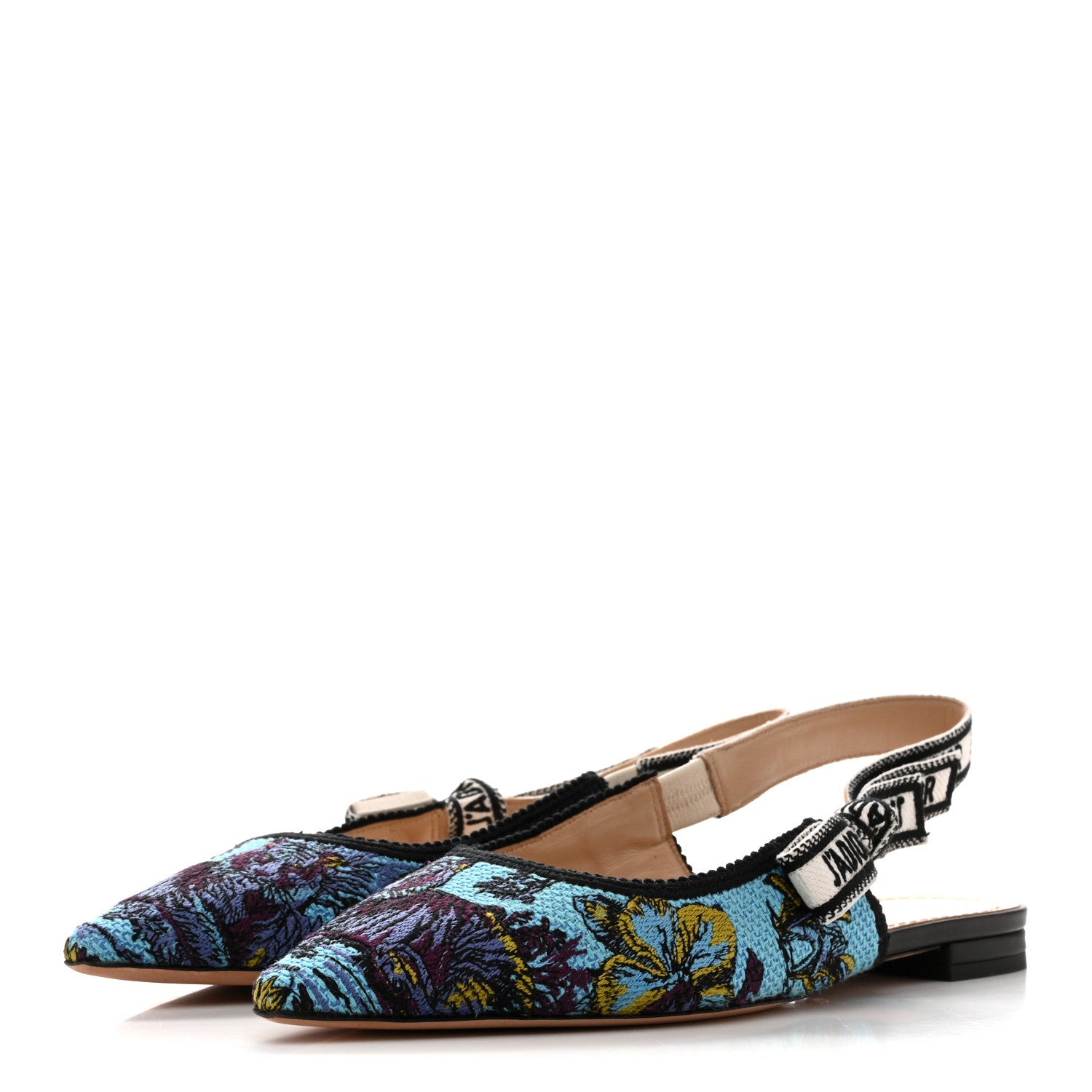 Christian Dior Canvas Embroidered Voyage Cotton Ribbon J'Adior Slingback Flats 39 Blue Multicolor 4 of 9