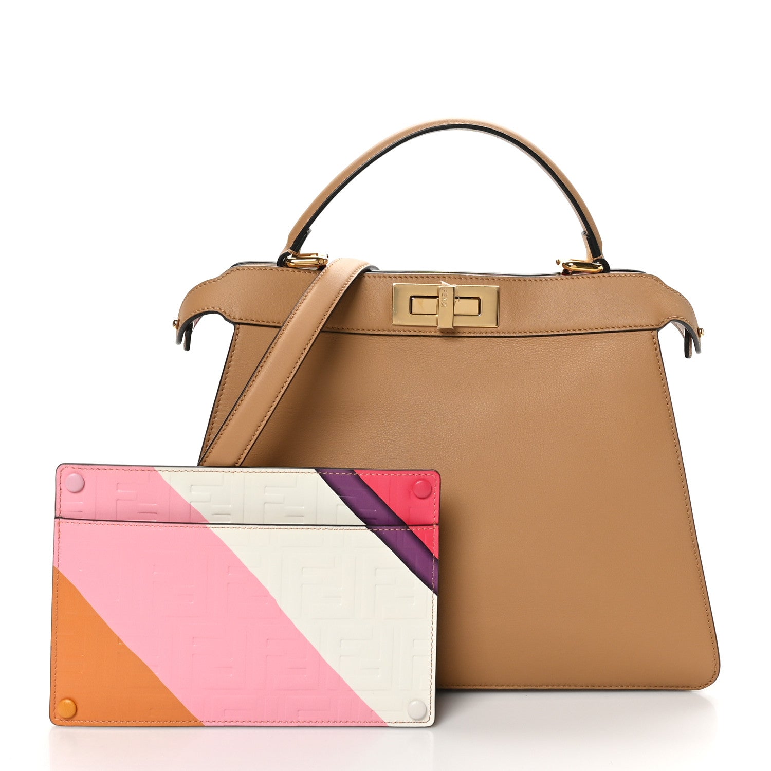 Fendi Vitello Seta Nappa FF Striped Embossed Medium Peekaboo I SEE U Satchel Miele Scuro Multicolor 3 of 12