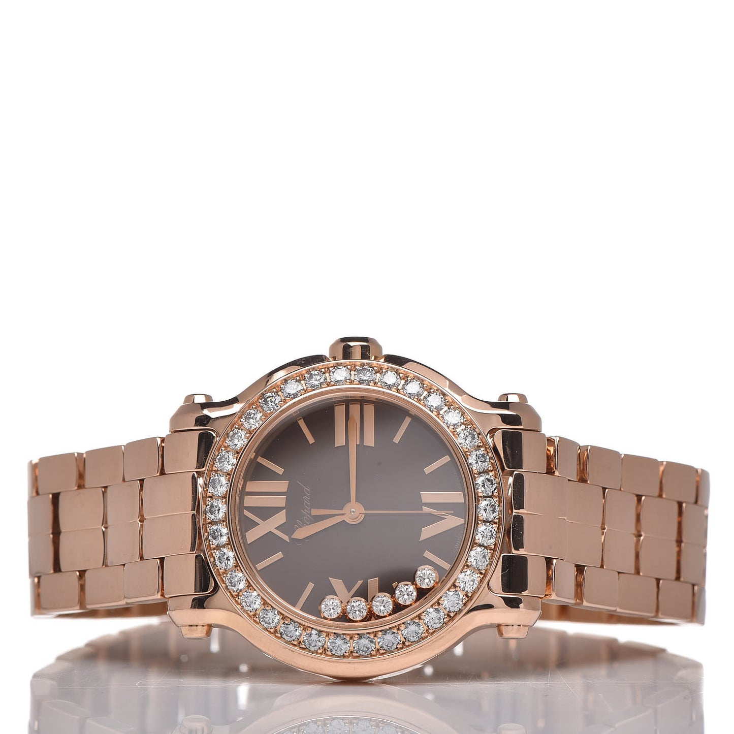 18K Rose Gold Diamond Bezel 30mm Happy Sport Quartz Watch Brown