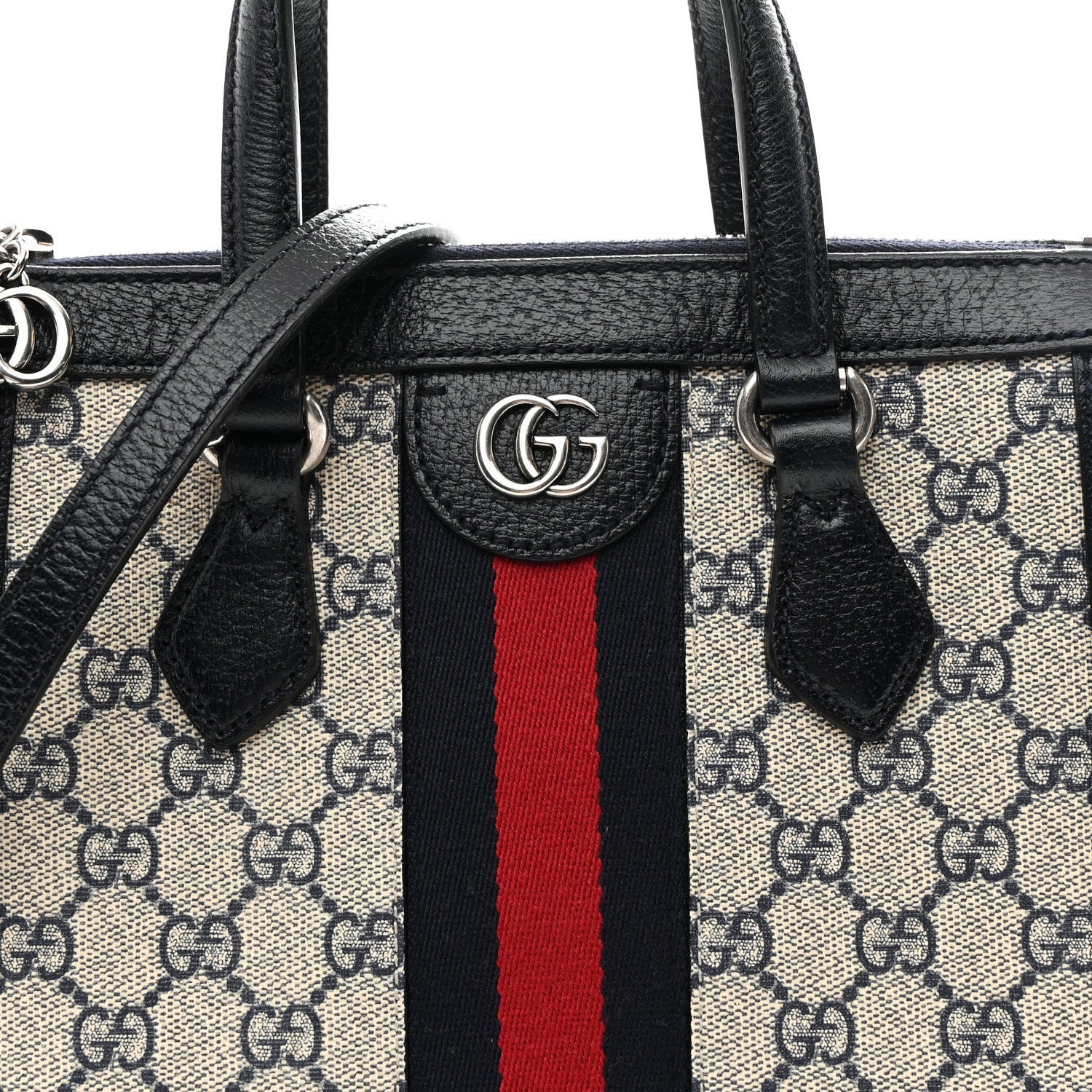 Gucci GG Supreme Monogram Textured Dollar Calfskin Web Small Ophidia Tote Bag Beige Blue 8 of 10
