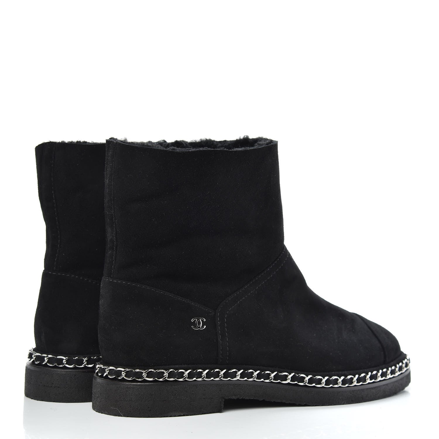 Chanel Kid Suede Shearling Womens Cap Toe Chain Short Boots 39 Black 4 of 6