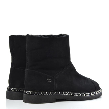 Chanel Kid Suede Shearling Womens Cap Toe Chain Short Boots 39 Black 4 of 6