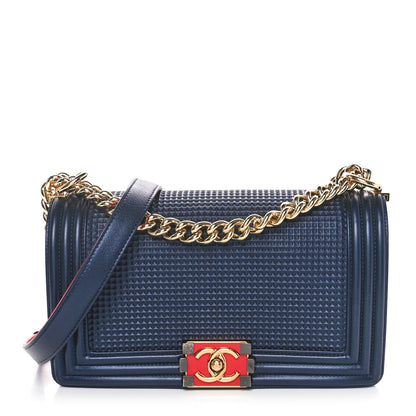 Chanel Lambskin Embossed Medium Boy Cube Flap Navy 1 of 10