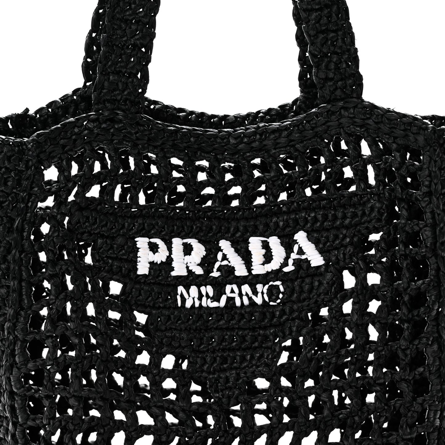 Yarn Raffia Effect Crochet Logo Embroidered Small Tote Bag Black