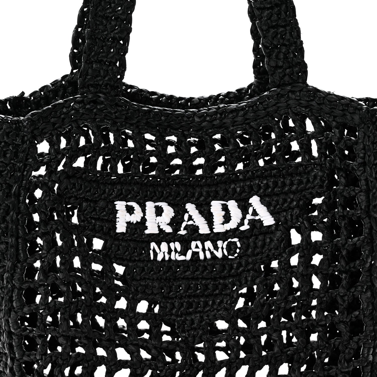 Prada Yarn Raffia Effect Crochet Logo Embroidered Small Tote Bag Black 7 of 9