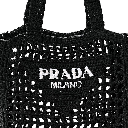 Prada Yarn Raffia Effect Crochet Logo Embroidered Small Tote Bag Black 7 of 9