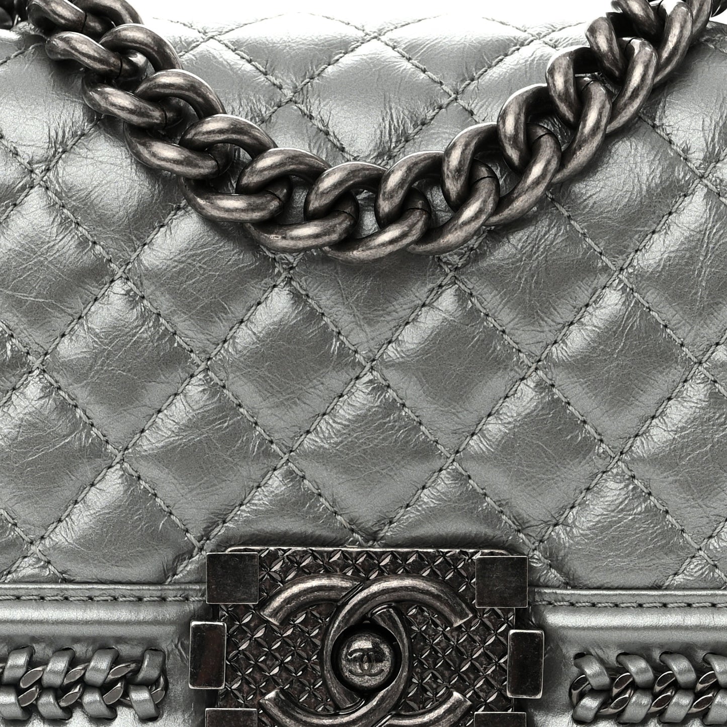 Metallic Aged Calfskin Quilted Small Top Handle Boy Flap Silver