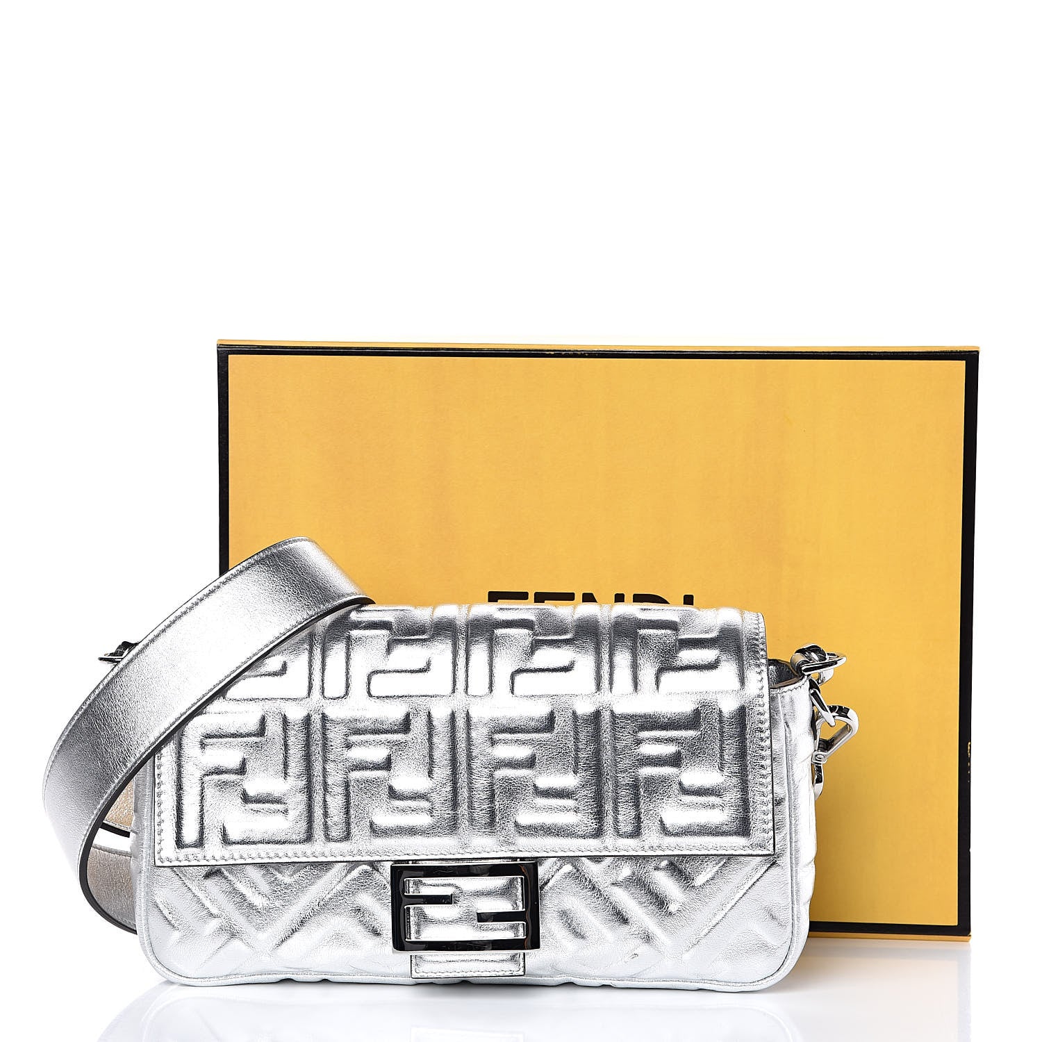 Fendi Vitello Catalan Mirror FF 1974 Embossed Baguette Argento 11 of 11